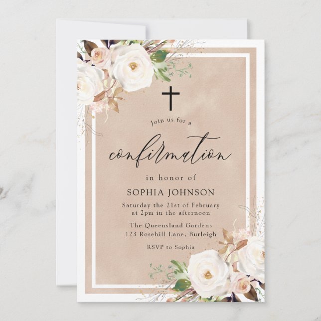 White & Blush Flowers Watercolor Confirmation Invi Invitation (Front)