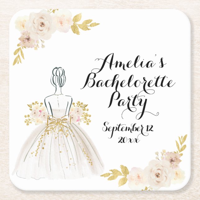 White Blush Gold Glitter Dress Bachelorette Party Square Paper Coaster (Front)