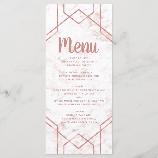White & Blush Marble and Rose Gold Wedding Menu (Front)