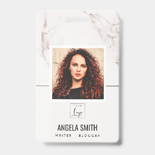 WHITE BLUSH MARBLE TEXTURE EMPLOYEE PHOTO BARCODE ID BADGE