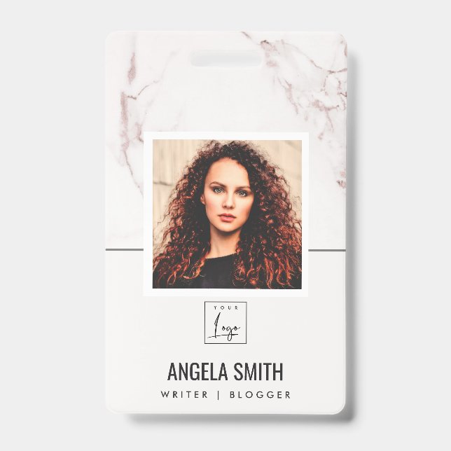 WHITE BLUSH MARBLE TEXTURE EMPLOYEE PHOTO BARCODE ID BADGE (Front)