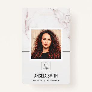 WHITE BLUSH MARBLE TEXTURE EMPLOYEE PHOTO BARCODE ID BADGE