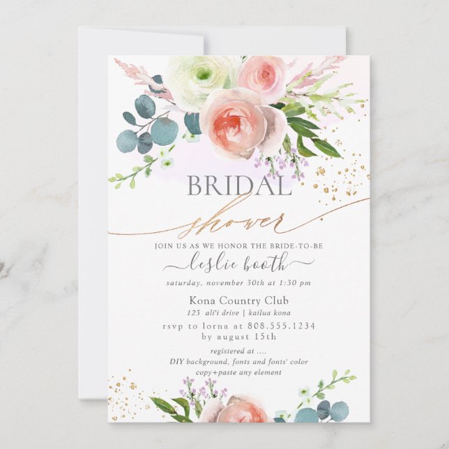 White Blush Pink Peonies Bridal Shower Invitation (Front)