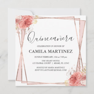 White Blush Pink Rose Gold Quinceanera Party Invitation