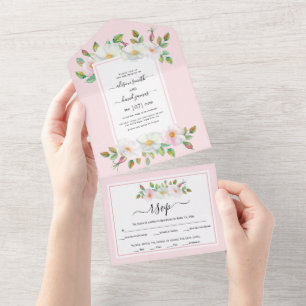 White, blush pink wild rose floral pink wedding all in one invitation
