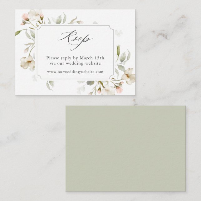 White Blush Sage Floral Wedding Website RSVP  Enclosure Card (Front/Back)