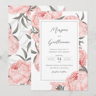White Blush Watercolor Peony Floral Wedding Invitation