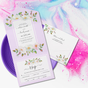 White, blush wild rose floral lavender wedding   all in one invitation