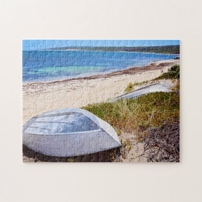 White boat Beach Blue Sky Ocean Photo Jigsaw Puzzle (Horizontal)