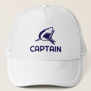 White boat captain hat with shark design