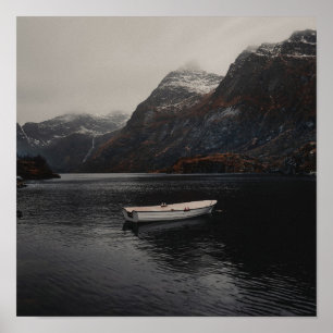 WHITE BOAT ON BODY OF WATER NEAR MOUNTAINS POSTER
