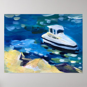 white boat on the sea poster