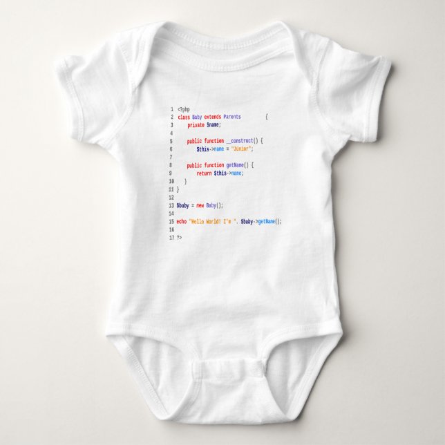 White Body baby hello world php Bodysuit (Front)