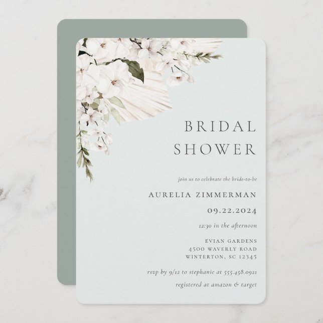 White Bohemian Floral Bridal Shower Invitation (Front/Back)