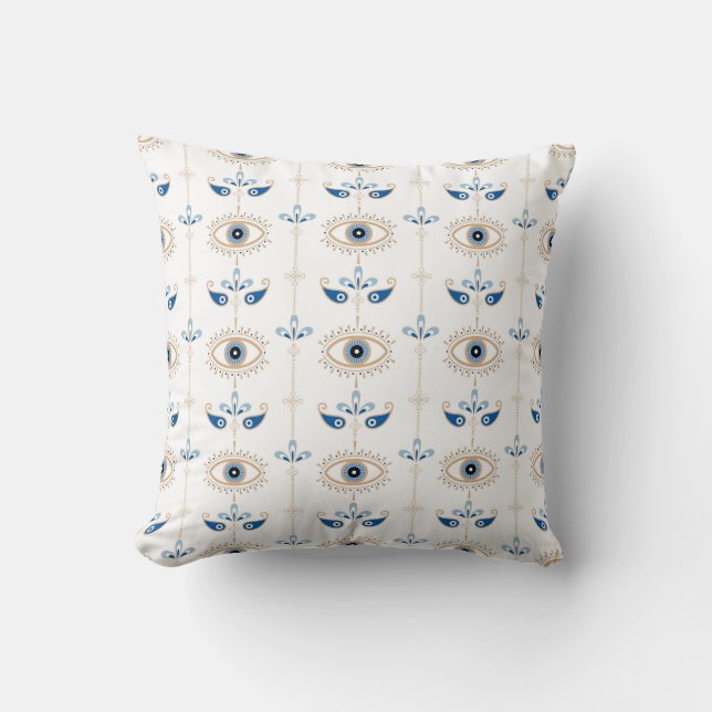 White bohemian retro evil eye pattern cushion (Front)