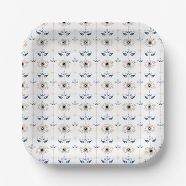 White bohemian retro evil eye pattern paper plate (Front)
