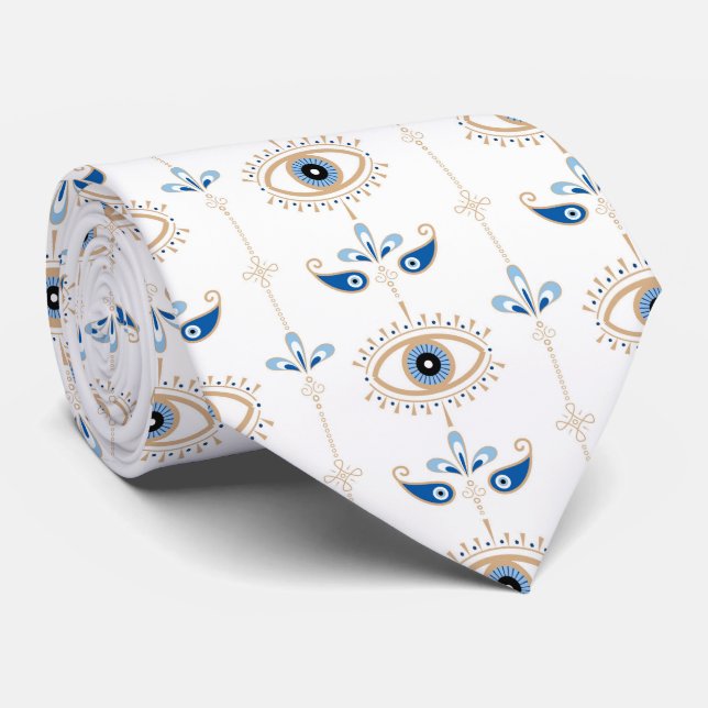 White bohemian retro evil eye pattern tie (Rolled)