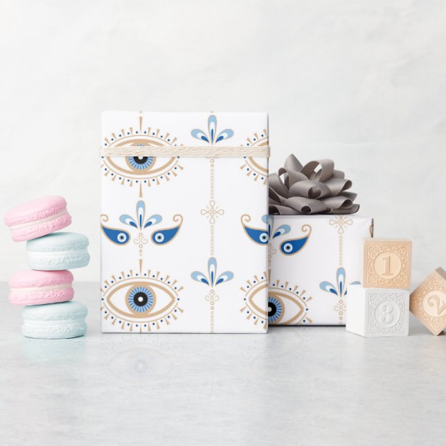 White bohemian retro evil eye pattern wrapping paper (Baby Shower)