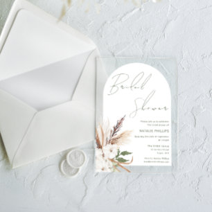 White Boho Arch Floral Bridal Shower Acrylic Invitations