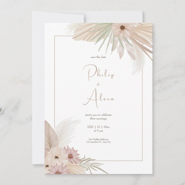 White Boho Botanical Wedding Invitation (Front)