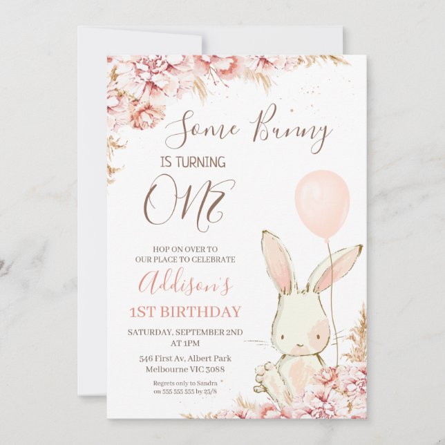 White Boho Bunny Balloon 1st Birthday Invitation (Front)