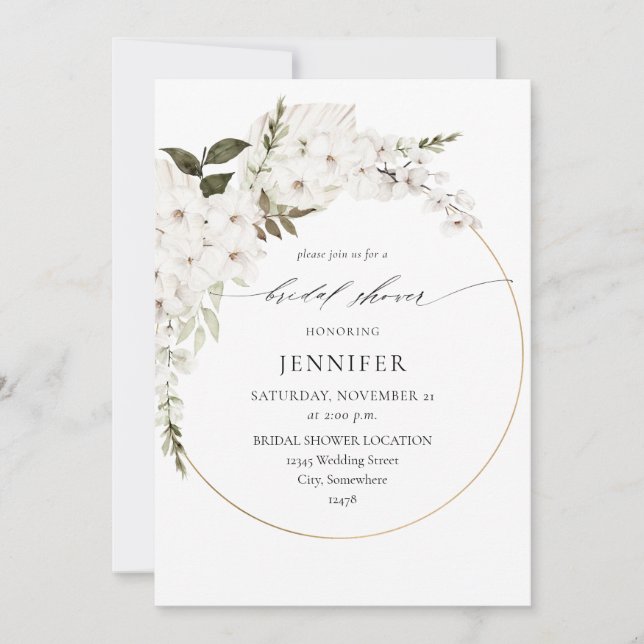 White Boho Floral Bridal Shower Invitation (Front)