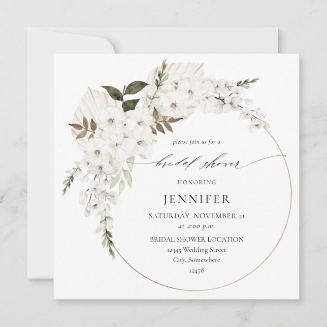 White Boho Floral Bridal Shower Square Invitation (Front)