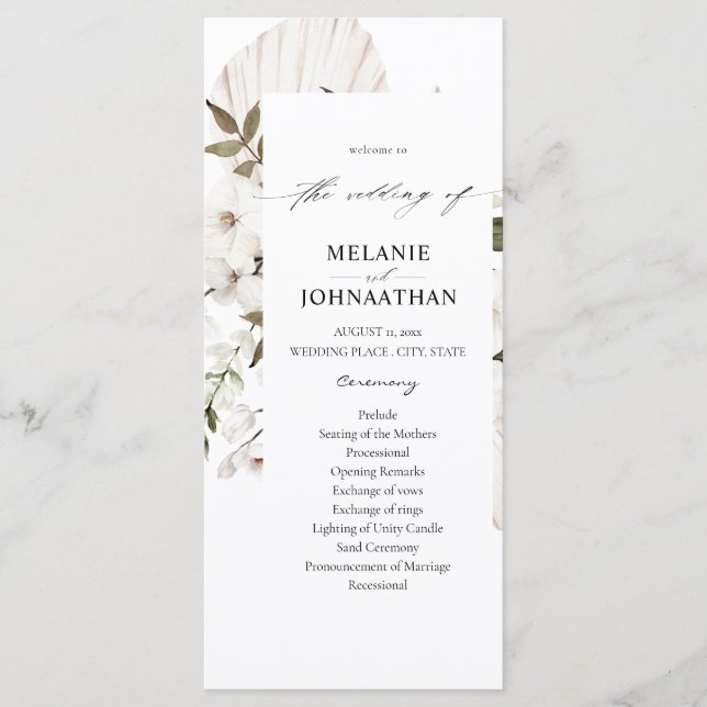 White Boho Floral Wedding Ceremony Program (Front)