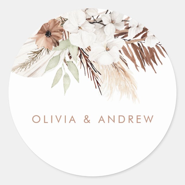 White Boho Flowers Sage Green Leaves Wedding Classic Round Sticker (Front)