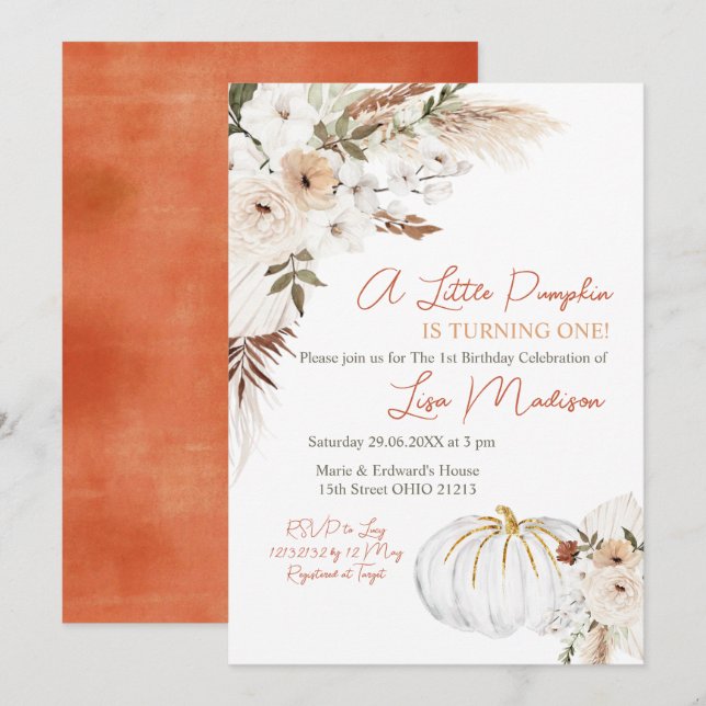 White Boho Pumpkin Birthday Invitation (Front/Back)