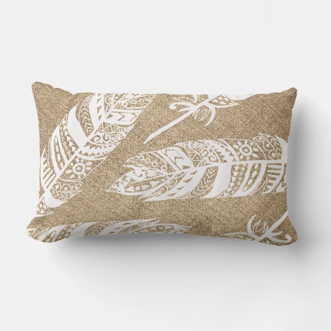 White Boho Tribal Feathers FAUX Burlap Lumbar Cushion (Front)