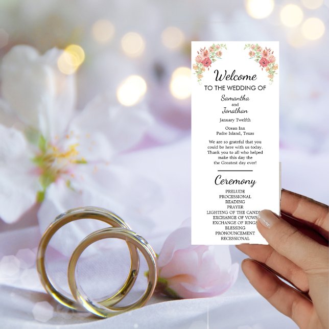 White Boho Watercolor Flowers Wedding Program Card (Creator Uploaded)