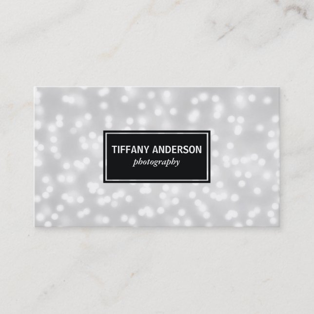White Bokeh Black Panel Business Card (Front)