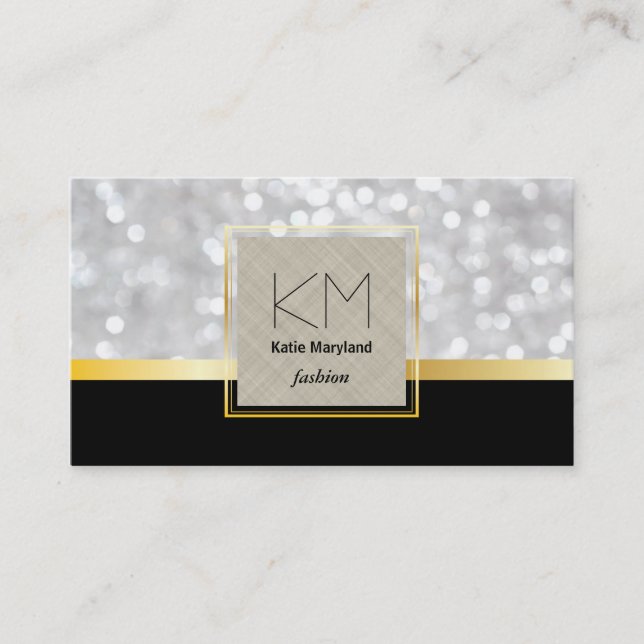 White Bokeh Golden Border Black Gold Bar Business Card (Front)