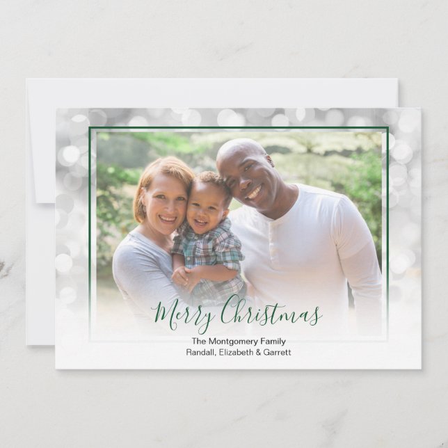 White Bokeh Green Framed Christmas Photo Holiday Card (Front)