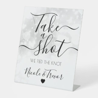 White Bokeh Personalised Take a Shot Wedding Pedestal Sign