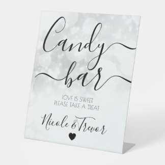 White Bokeh Personalised Wedding Candy Bar Pedestal Sign