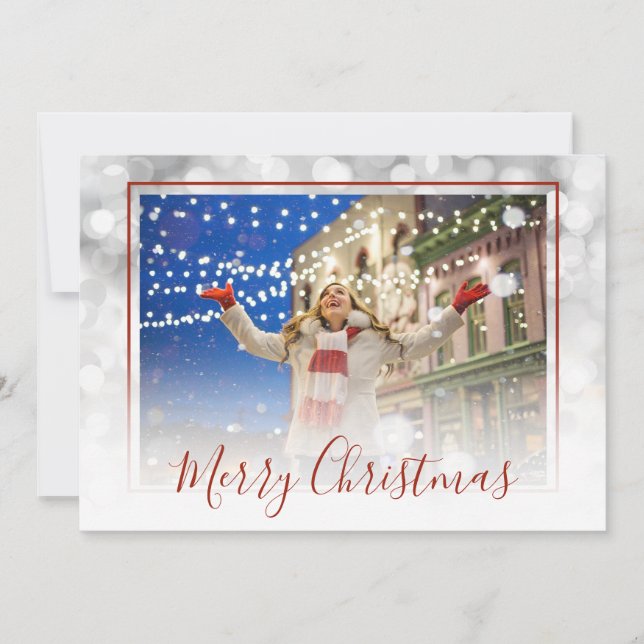White Bokeh Red Frame Custom Merry Christmas Photo Holiday Card (Front)