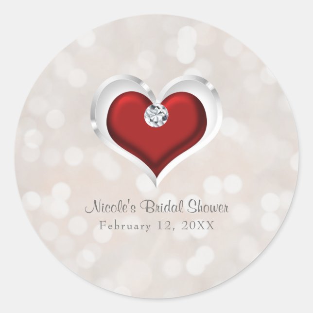 White Bokeh Red Valentine Glam Heart Custom Favour Classic Round Sticker (Front)