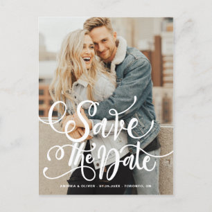 White Bold Modern Calligraphy Photo Save the Date Announcement Postcard