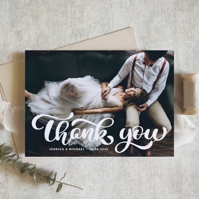 White Bold Retro Script Photo Wedding Thank You Card (Creator Uploaded)