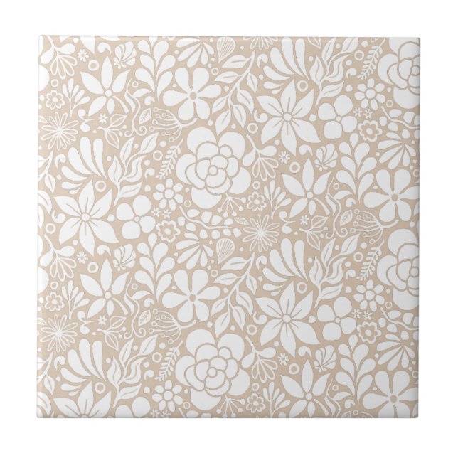 White Bold Wild Flowers & Leaves Garden Ceramic Tile (Front)