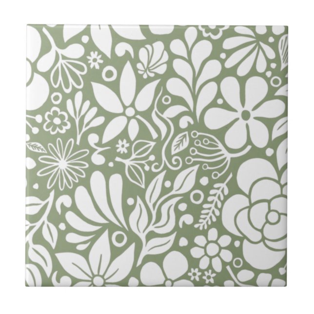 White Bold Wild Flowers & Leaves Garden HD Ceramic Tile (Front)