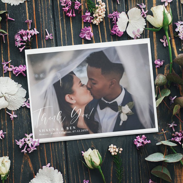 White Border Calligraphy Overlay Wedding 2 Photo Thank You Card (Creator Uploaded)