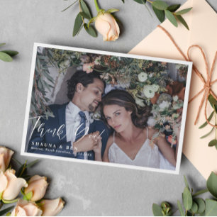 White Border Calligraphy Overlay Wedding Photo Thank You Card