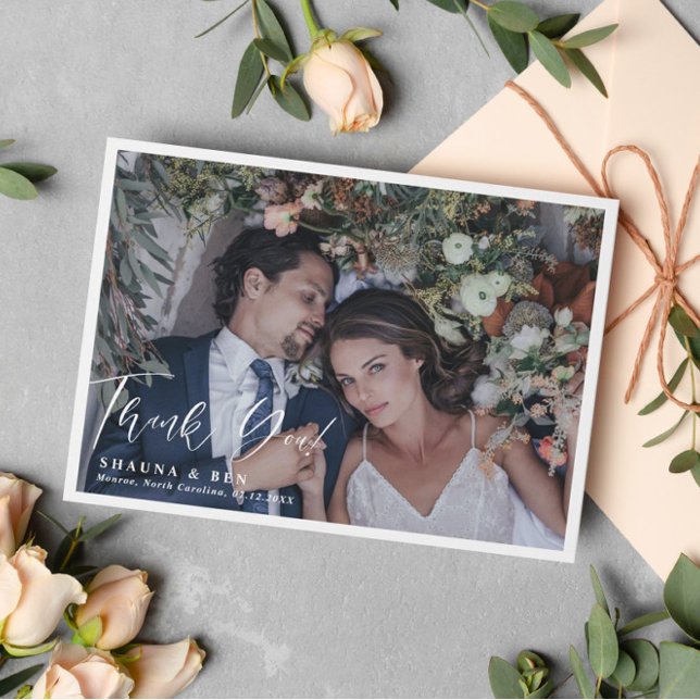White Border Calligraphy Overlay Wedding Photo Thank You Card (Creator Uploaded)