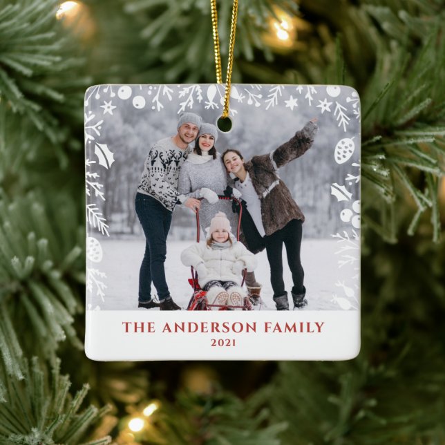 White Botanical Christmas Family Photo Overlay Ceramic Ornament (Tree)