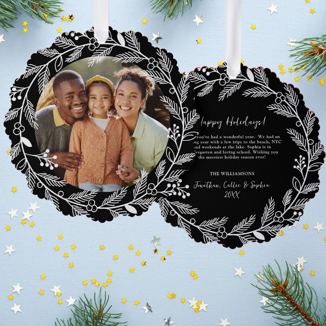 White Botanical Christmas Wreath Custom Photo Tree Decoration Card (Creator Uploaded)