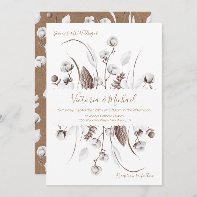 White Botanical floral cotton  Wedding invitations (Front/Back)
