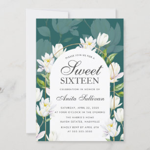 White Botanical Flowers Sweet Sixteen 16 Birthday Invitation